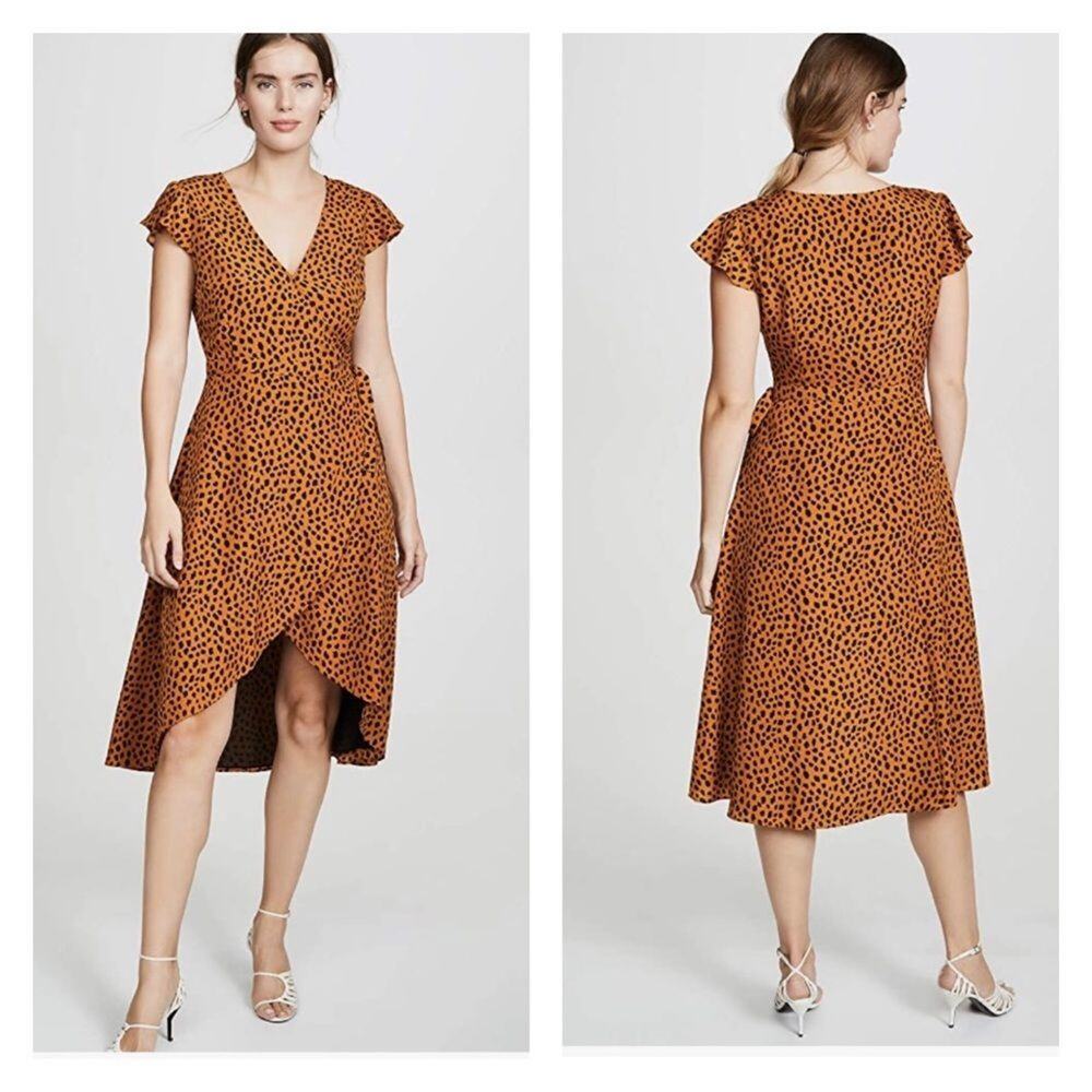 BB Dakota Womens Leopard Print Wrap Midi Dress Sz Small High Low Tulip Hem